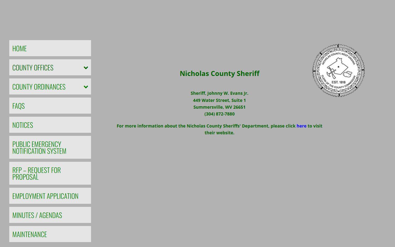 Nicholas County sheriff page for inmate population contact routing
